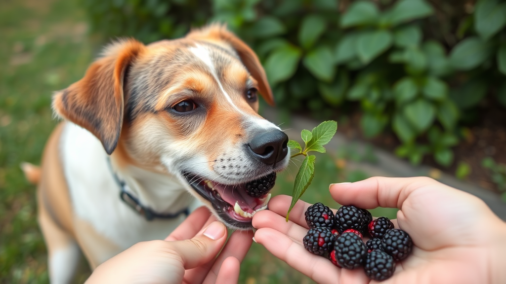 Small dog carefully eating single blackberry from human hand outdoors in garden setting, no text no words no letters