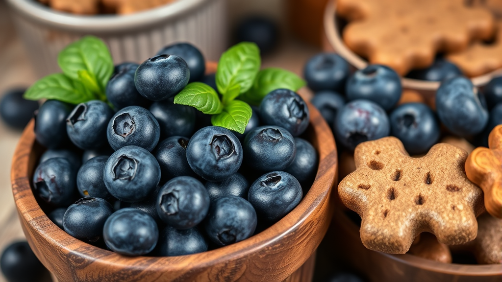 Close up of fresh blueberries in wooden bowl next to dog treats, rustic kitchen setting, no text no words no letters