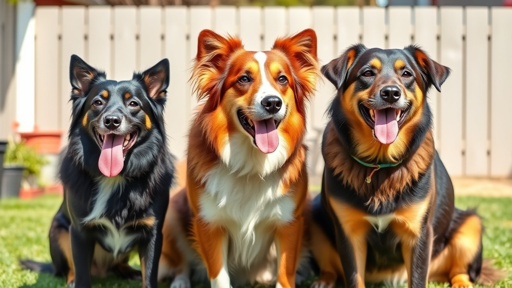 Healthy active dogs of different breeds enjoying frozen bone broth treats in sunny backyard setting, no text no words no letters