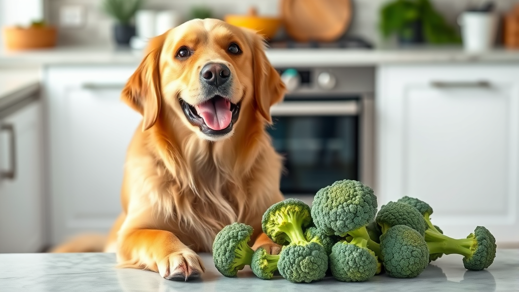 Happy golden retriever dog sitting next to fresh green broccoli florets on kitchen counter, natural lighting, no text no words no letters