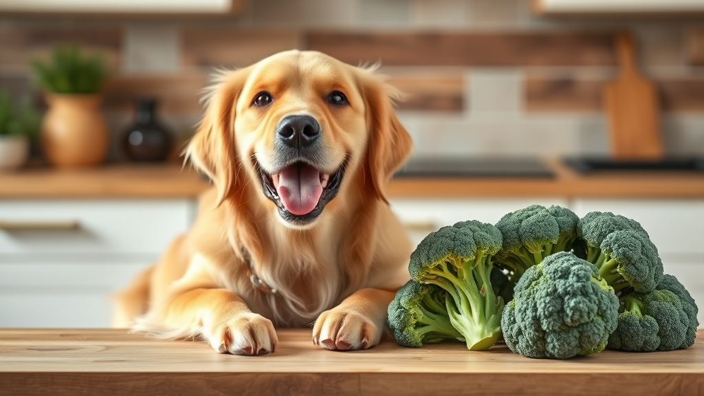 Happy golden retriever sitting next to fresh green broccoli florets on wooden kitchen counter, natural lighting, no text no words no letters