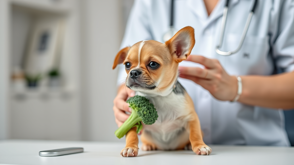 Veterinarian examining small dog while holding broccoli, pet health consultation, professional setting, no text no words no letters
