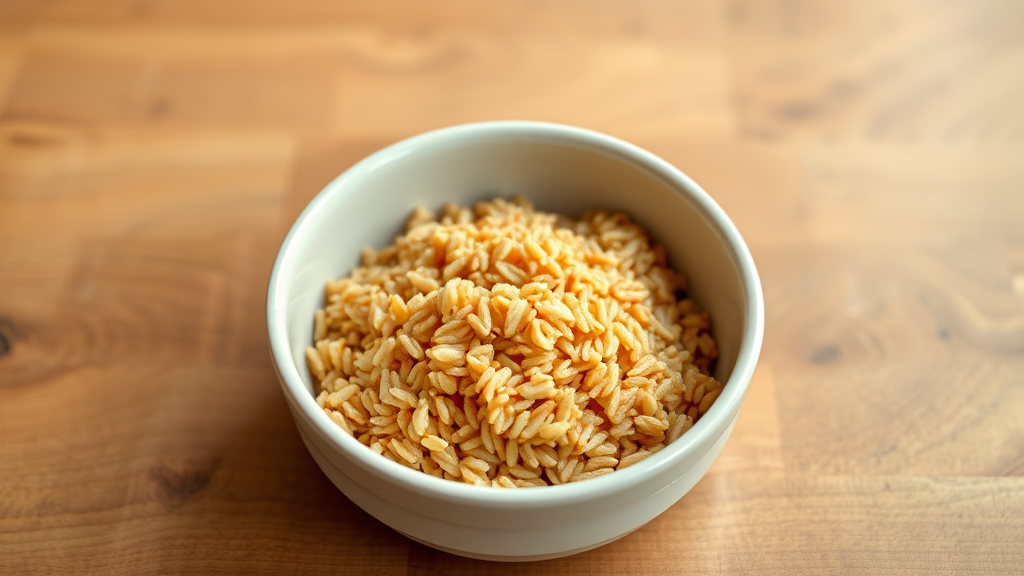 Golden brown cooked rice in ceramic dog bowl on wooden surface, natural lighting, healthy pet food presentation, no text no words no letters