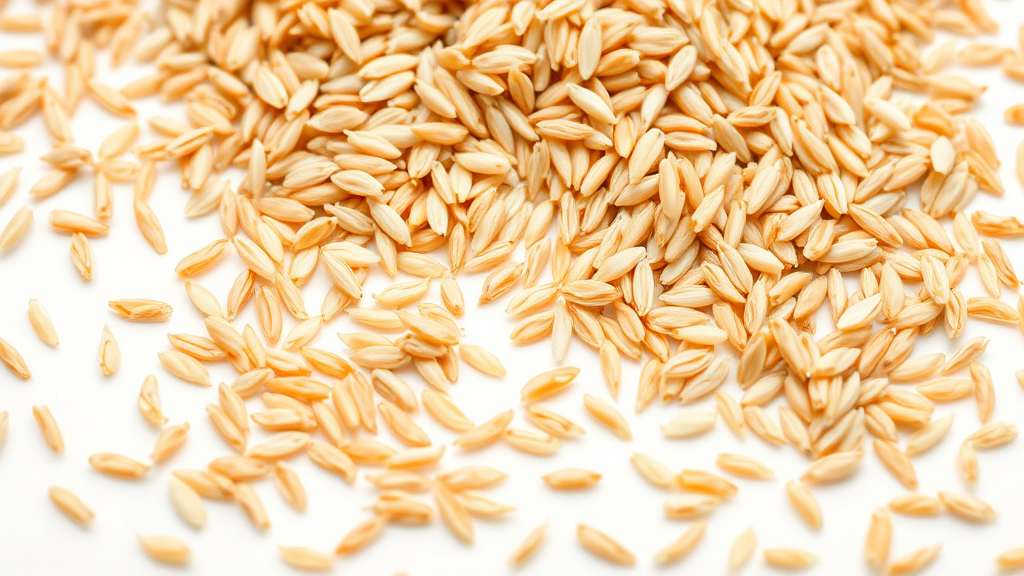 Close up view of uncooked brown rice grains scattered on white background, detailed texture visible, natural grain photography, no text no words no letters