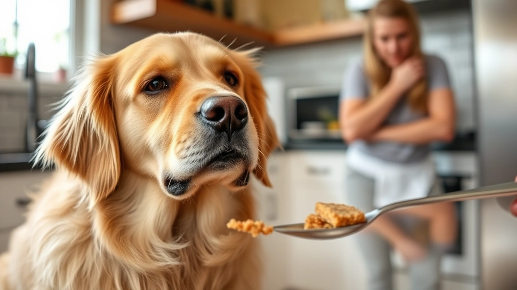 Golden retriever refusing a spoon with brown sugar, concerned owner in background, kitchen setting, natural lighting