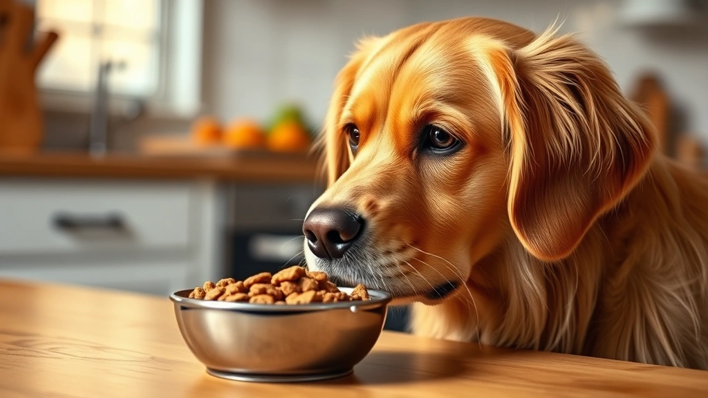 Golden retriever looking at brown sugar bowl with concerned expression, kitchen background, warm lighting