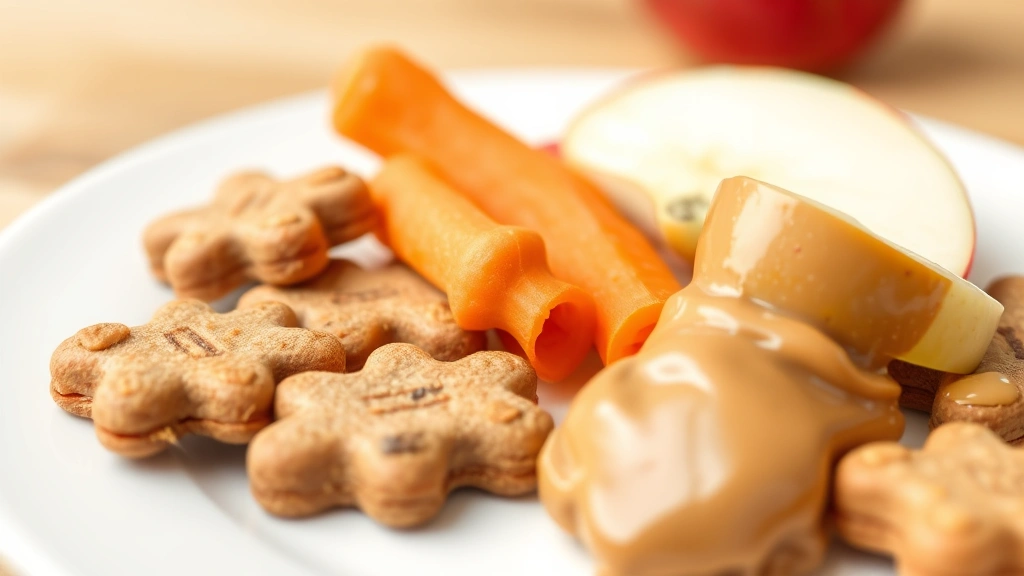 Close-up of healthy dog treats including carrots, apples, and peanut butter on a clean white plate