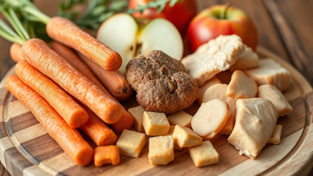 Close-up of various dog treats and healthy alternatives like carrots, apples, chicken pieces on wooden board