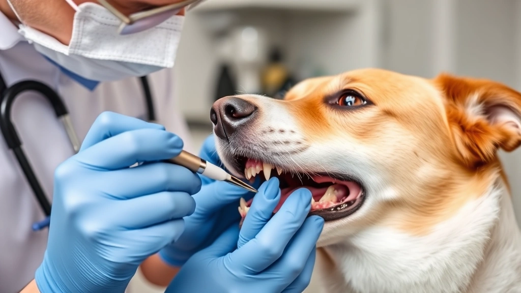 Veterinarian examining a dog's teeth during dental checkup, showing dental disease consequences, clinical setting