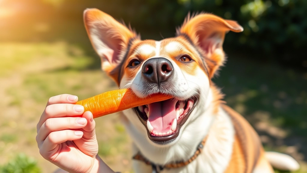 Happy dog enjoying a carrot treat outdoors in sunlight, playful and satisfied expression