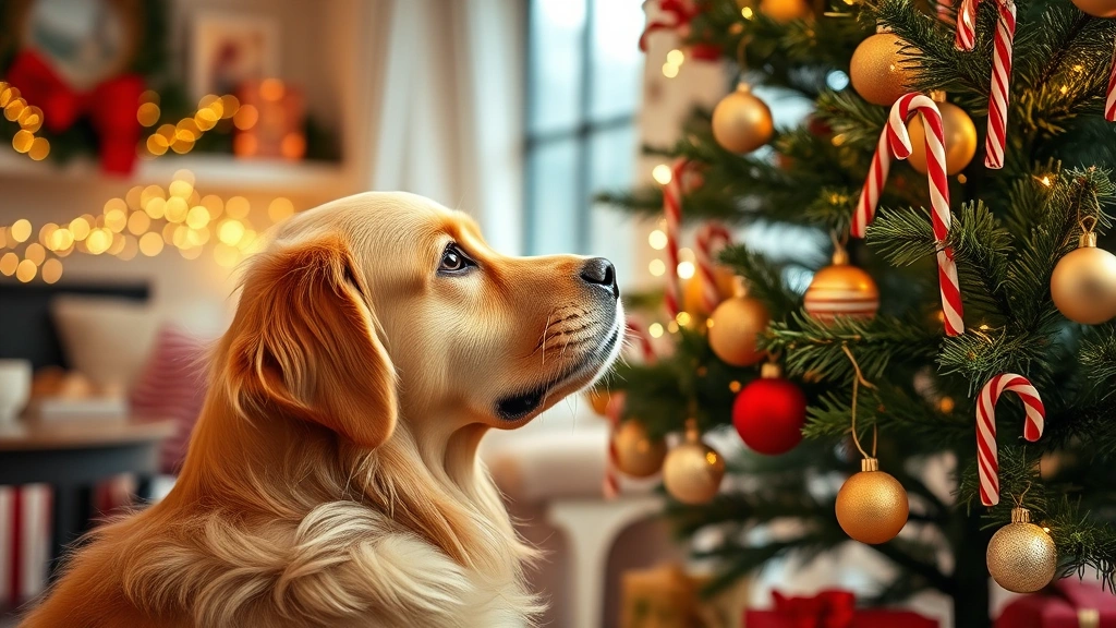 Golden Retriever looking at decorated Christmas tree with candy canes hanging from branches, warm holiday lighting in background, cozy living room setting