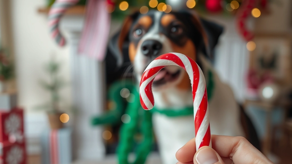 Close-up of red and white candy cane being held up, blurred dog in background, festive holiday environment with decorations