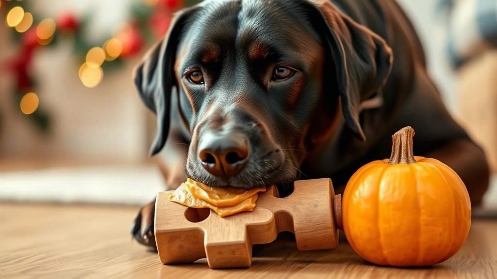Happy Labrador Retriever eating from a puzzle toy filled with pumpkin puree and peanut butter, holiday garland visible but out of focus