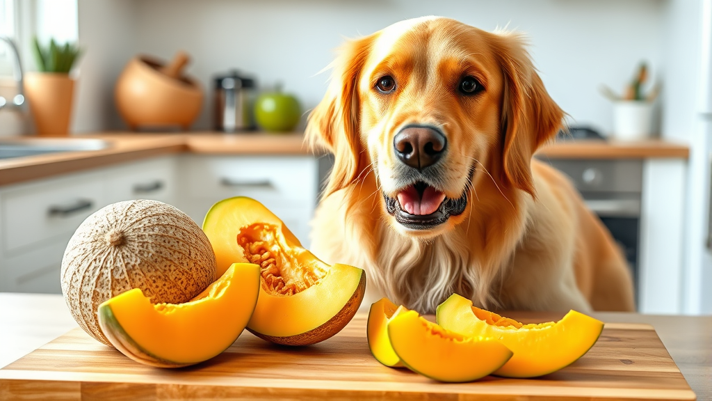 Golden retriever sitting beside fresh cantaloupe slices on wooden cutting board, bright kitchen background, no text no words no letters