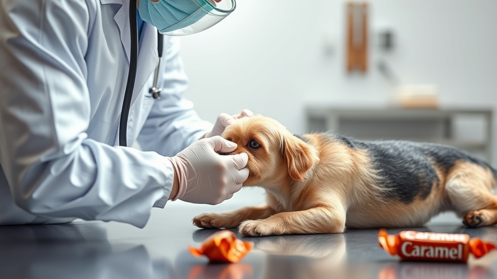 Veterinarian examining small dog while caramel wrapper lies nearby, no text no words no letters