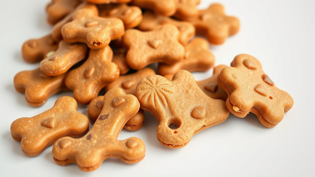 Healthy dog treats arranged next to pile of caramel candies for comparison, no text no words no letters