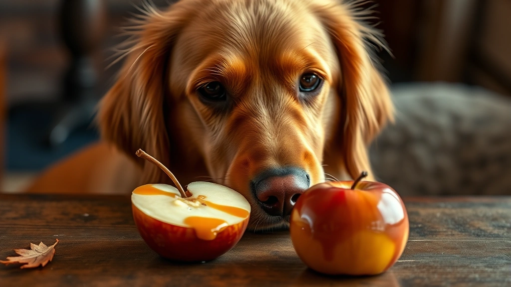Golden Retriever looking at caramel apple on wooden table, curious expression, warm fall lighting, close-up of dog's face and treat