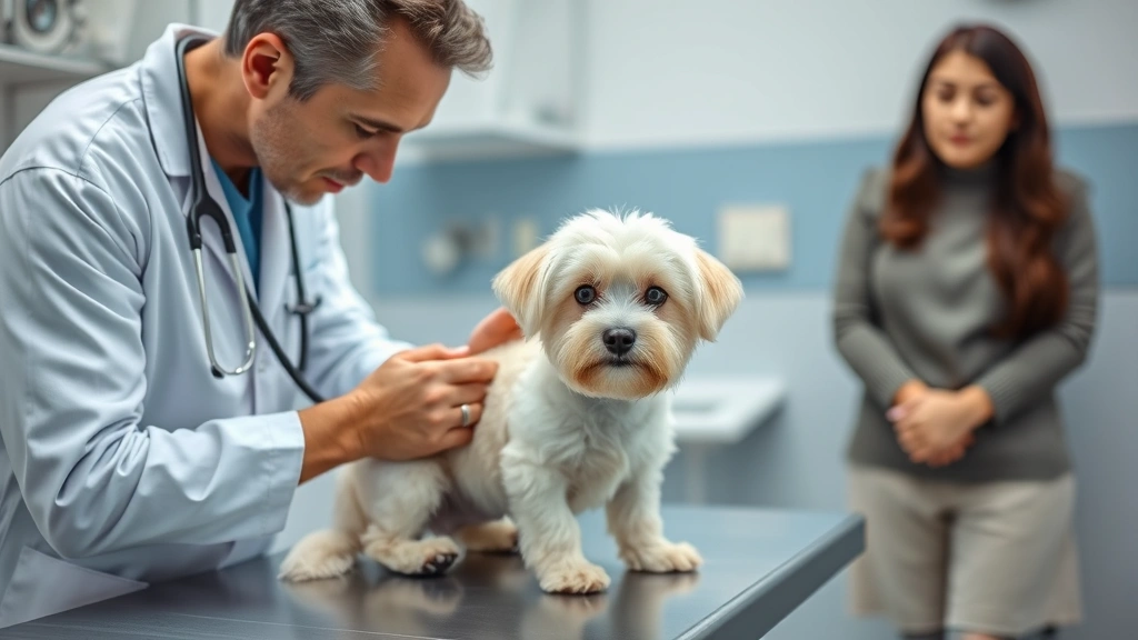 Veterinarian examining small white dog on examination table with stethoscope, professional medical setting, concerned owner in background