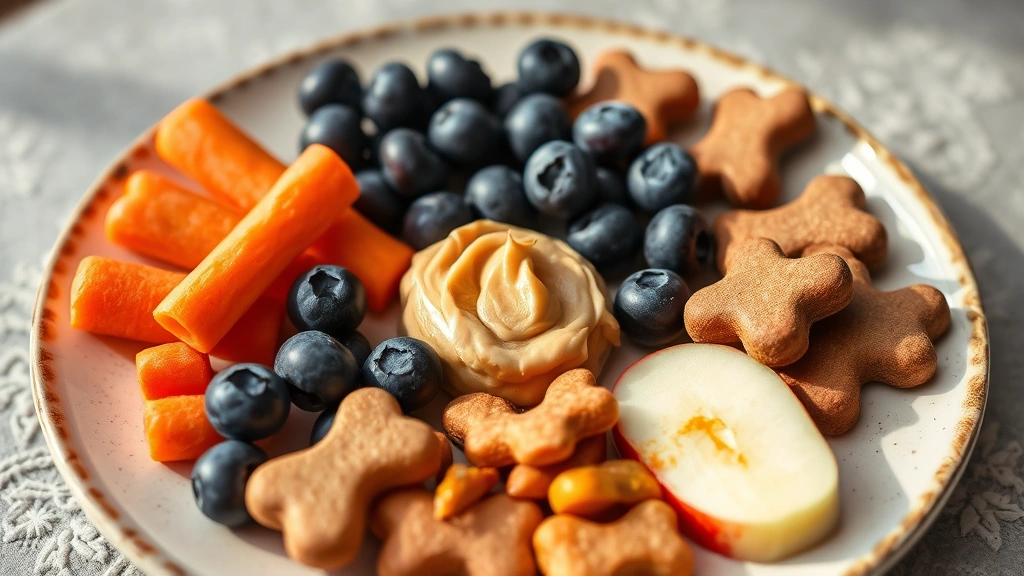 Variety of healthy dog treats arranged on ceramic plate: blueberries, carrots, apple slices, peanut butter dollop, natural lighting
