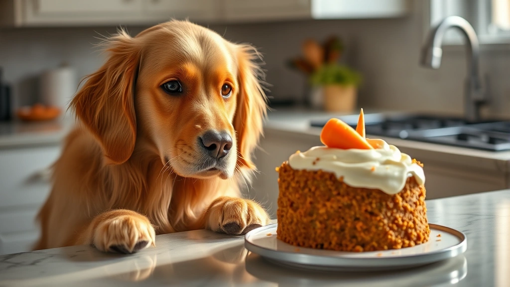 Golden retriever looking at a fresh homemade carrot cake on a kitchen counter, curious expression, warm natural lighting, dog's paws on counter edge