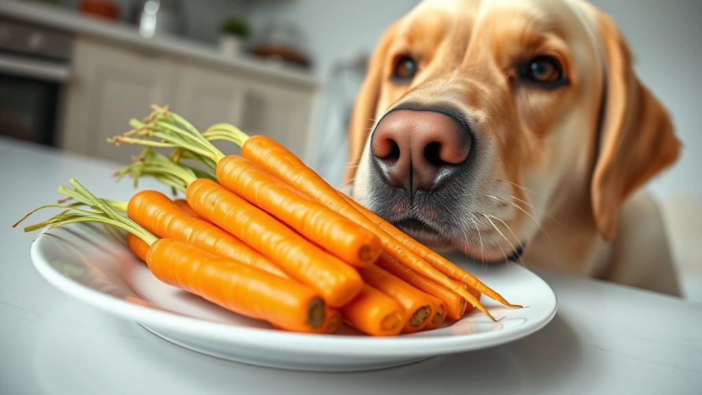 Close-up of fresh orange carrots arranged on a white plate with a golden Labrador's nose approaching from the side, soft kitchen background