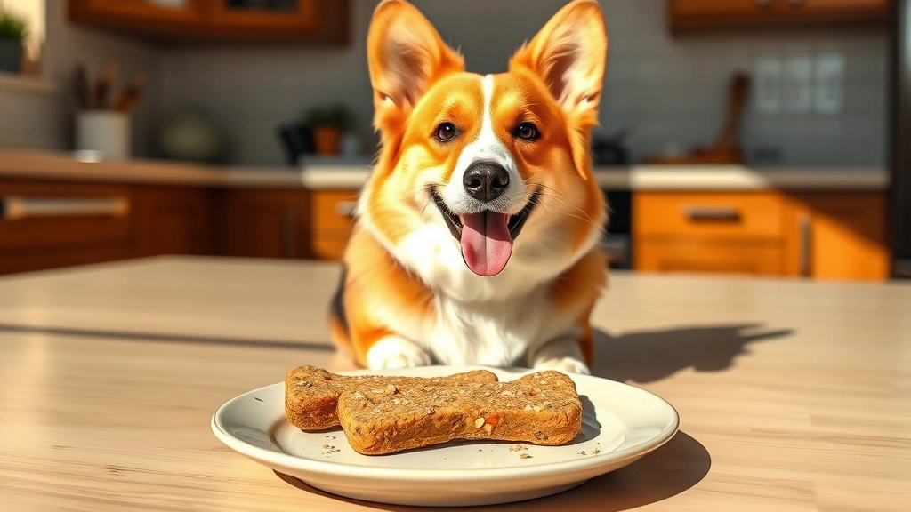 Happy Corgi sitting obediently in front of a homemade dog treat made with carrots and whole grain flour on a ceramic plate, sunny kitchen setting