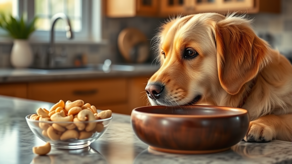 Golden retriever looking at bowl of cashews on kitchen counter, warm lighting, no text no words no letters