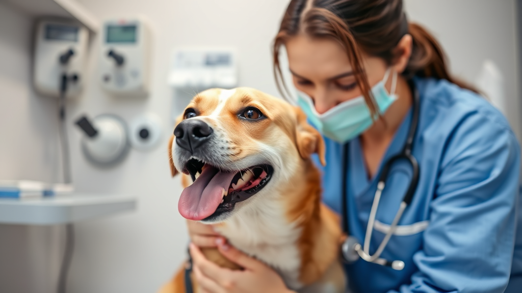 Veterinarian examining happy dog in clinic setting, professional medical environment, no text no words no letters