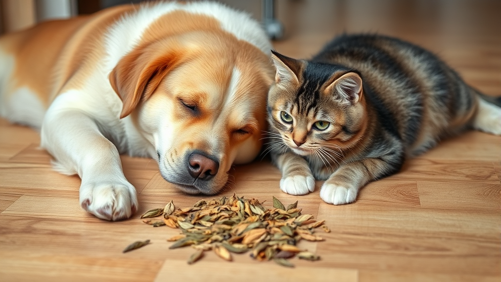 Dog and cat peacefully sharing space near scattered dried catnip leaves on wooden floor, no text, no words, no letters