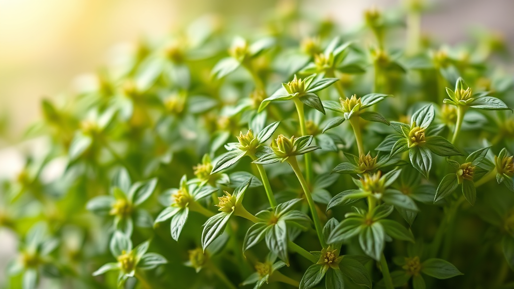 Close-up of fresh green catnip herbs with natural lighting and soft focus background, no text, no words, no letters