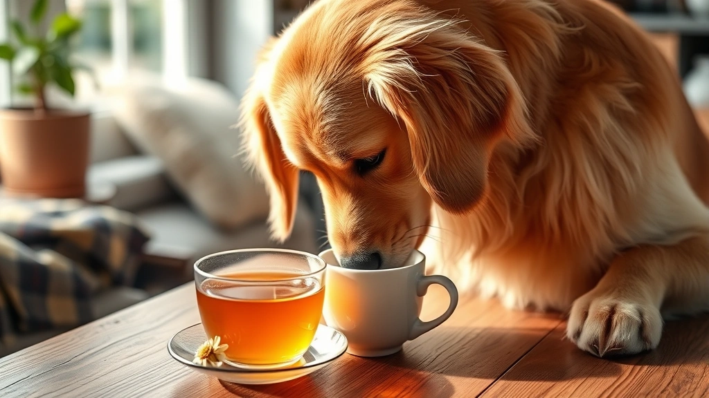 Golden retriever sniffing a warm cup of chamomile tea on a wooden table, soft natural lighting, cozy home setting