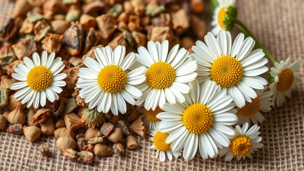 Close-up of dried chamomile flowers and fresh chamomile blooms arranged together on rustic fabric background