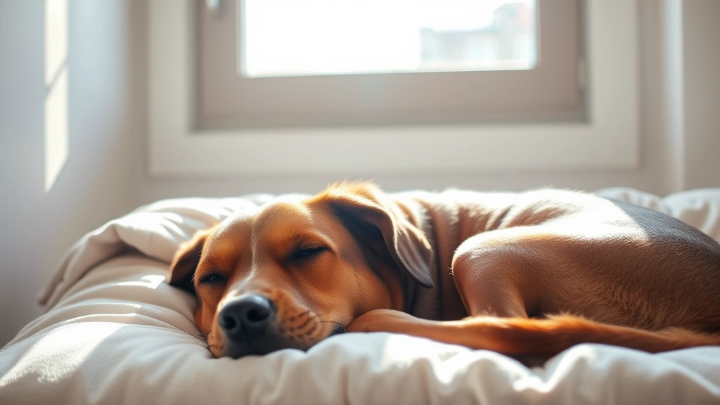 Calm brown dog resting peacefully on a soft bed near a window with sunlight streaming in, relaxed expression