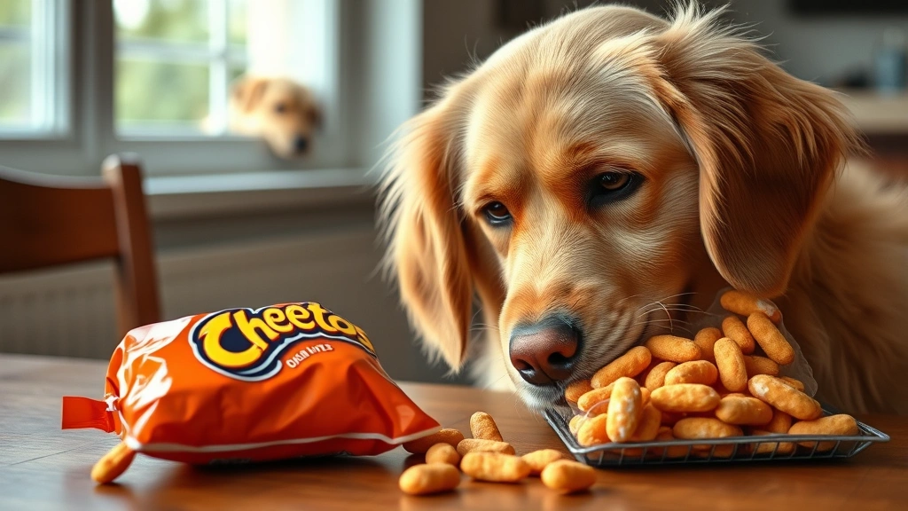Golden Retriever looking longingly at a bag of orange Cheetos on a wooden table, sad puppy eyes, natural lighting from window