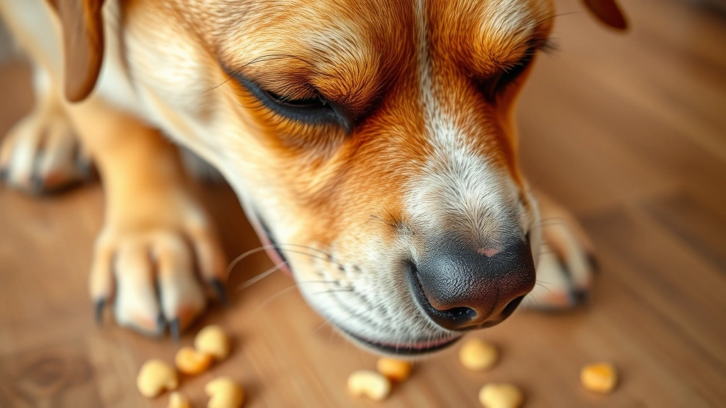 Close-up of dog's nose and mouth with drool, showing discomfort or upset stomach, sitting on wooden floor near scattered snack crumbs