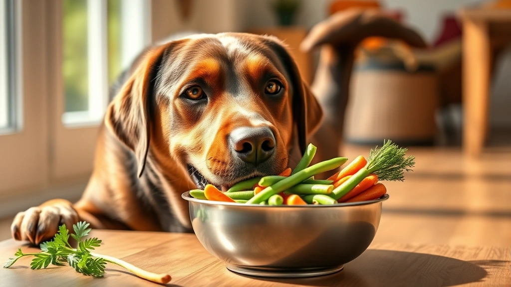 Happy Labrador eating fresh green beans and carrots from a bowl, bright and cheerful setting, natural daylight, tail wagging