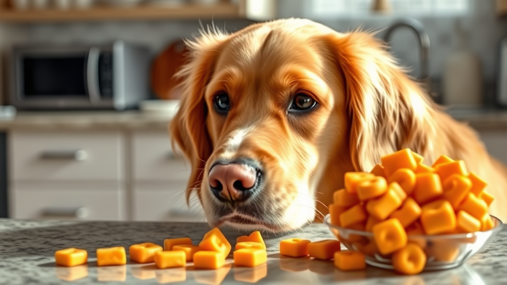 Golden retriever looking curiously at orange cheese crackers on kitchen counter, bright natural lighting, no text no words no letters