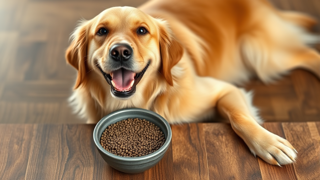 Happy golden retriever with small bowl of soaked chia seeds on wooden surface, no text, no words, no letters