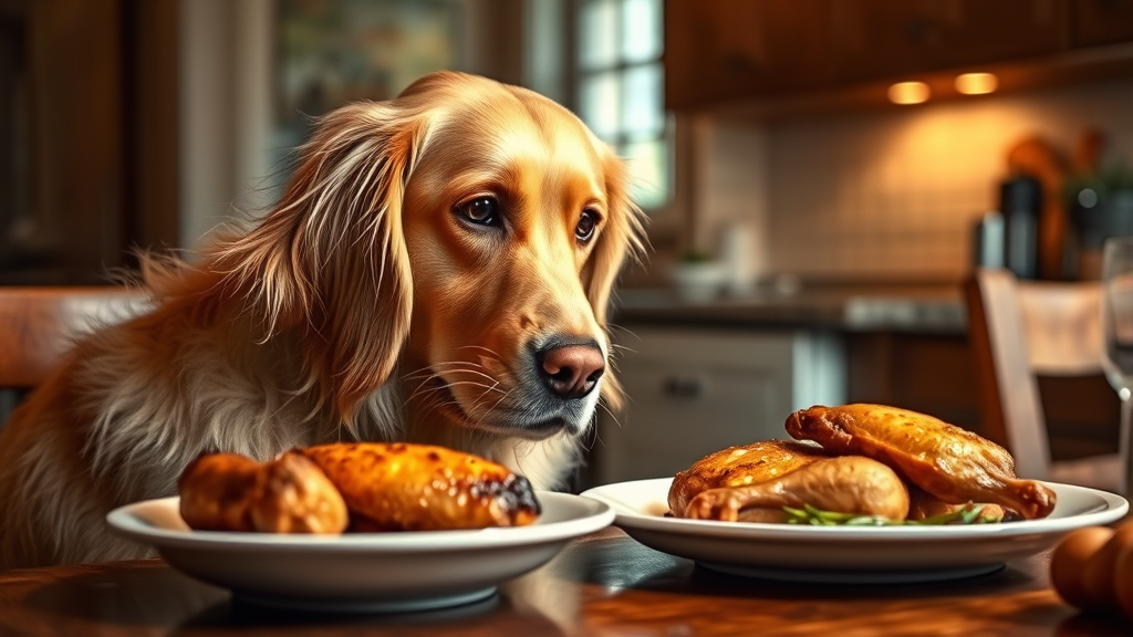 Golden retriever looking longingly at cooked chicken on dinner table, warm kitchen lighting, no text no words no letters