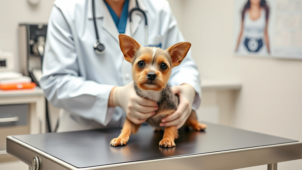 Veterinarian examining small dog on examination table with medical equipment visible, professional clinic setting, no text no words no letters