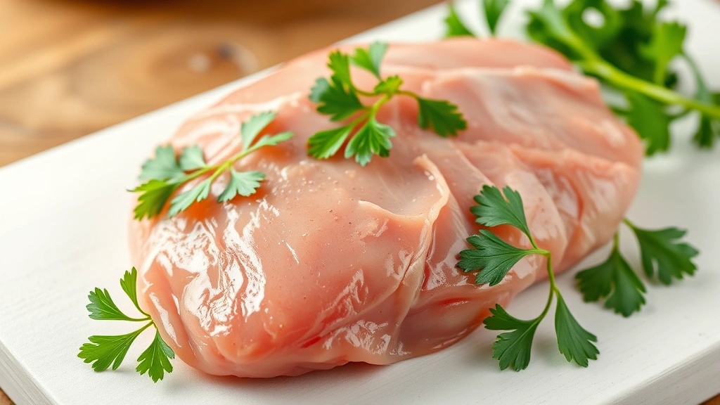 Close-up of raw chicken liver on a white cutting board with fresh parsley sprigs, photorealistic, professional food photography style