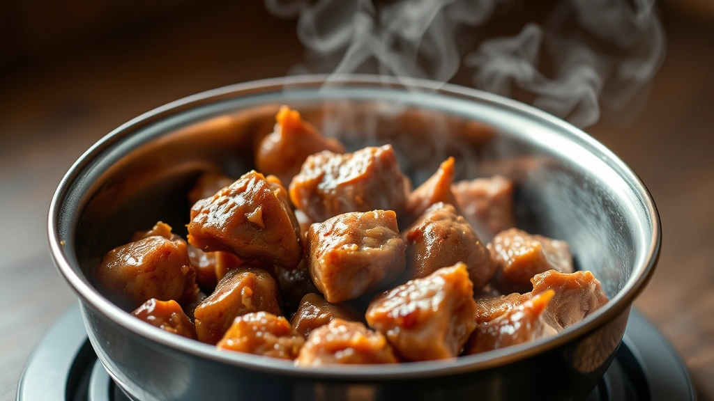 Golden-brown cooked chicken liver pieces in a stainless steel bowl, steam rising, warm lighting, appetizing presentation