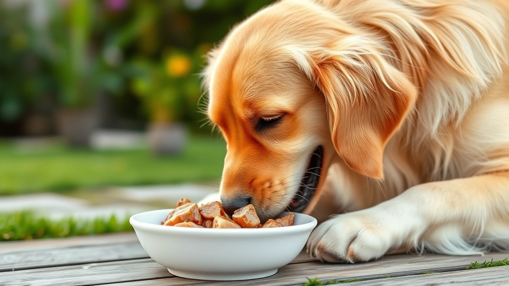 Happy golden retriever eating from a white ceramic bowl containing cooked chicken liver pieces, outdoor garden setting, natural daylight