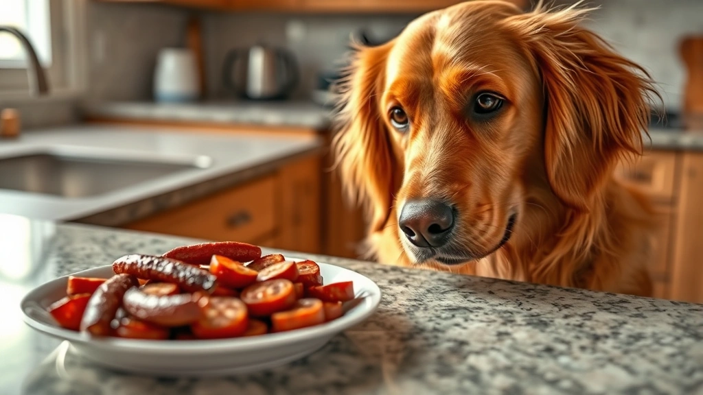Golden retriever looking at a plate of chorizo on a kitchen counter, curious expression, natural kitchen lighting, dog's perspective