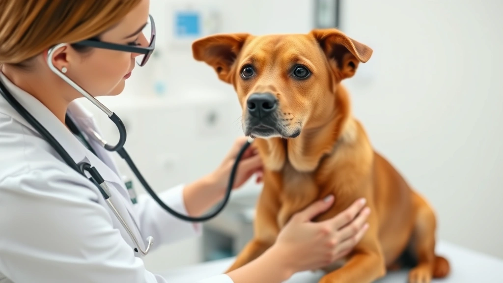 Veterinarian examining a brown dog on examination table with stethoscope, professional clinic setting, caring and professional atmosphere