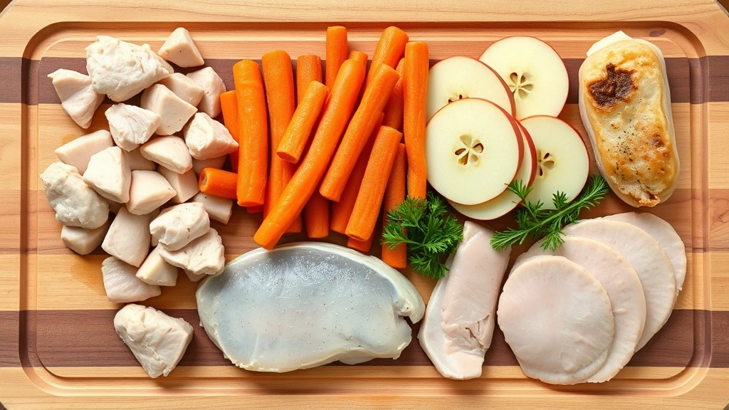 Variety of dog-safe foods arranged on a wooden cutting board: plain cooked chicken, carrots, apple slices, fish, and turkey breast, appetizing presentation