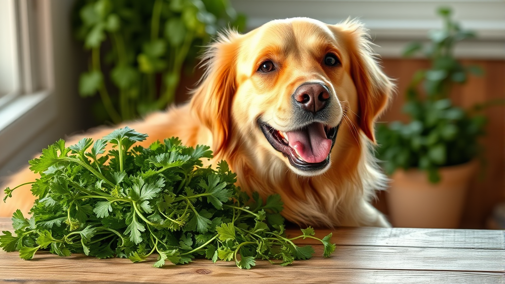 Happy golden retriever sitting next to fresh green cilantro herbs on wooden table, natural lighting, no text no words no letters