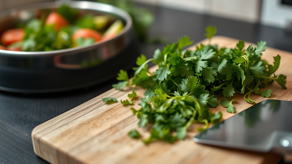Close up of fresh cilantro leaves being chopped on cutting board with dog food bowl nearby, kitchen setting, no text no words no letters