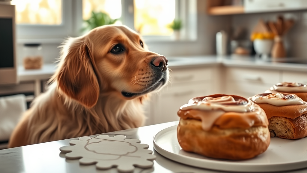 Golden retriever looking longingly at fresh cinnamon rolls on kitchen counter, warm morning lighting, cozy home kitchen setting, no text no words no letters