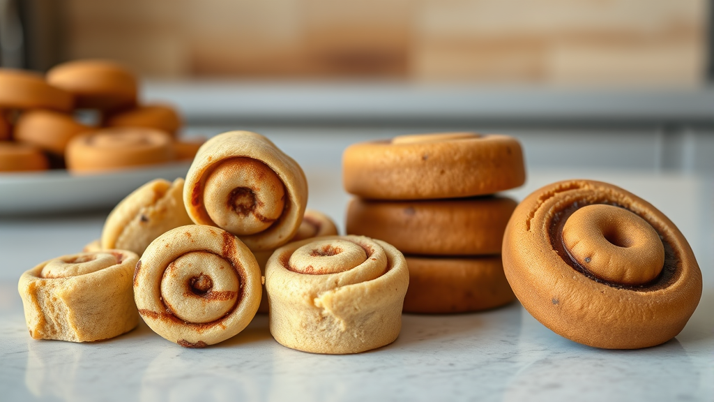Healthy dog treats shaped like mini cinnamon rolls next to real cinnamon rolls, comparison shot, kitchen counter backdrop, no text no words no letters